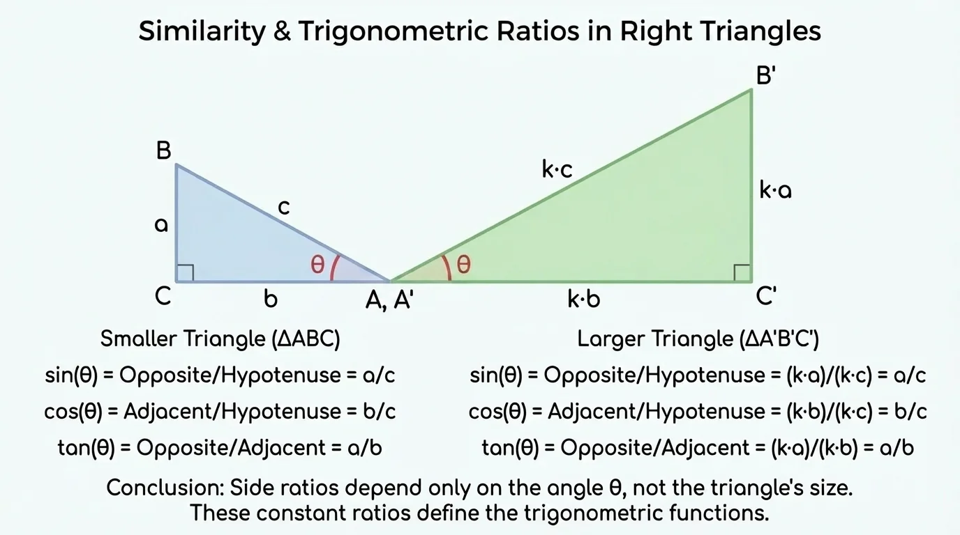 Two similar right triangles with one equal acute angle marked and corresponding sides labeled as scaled versions