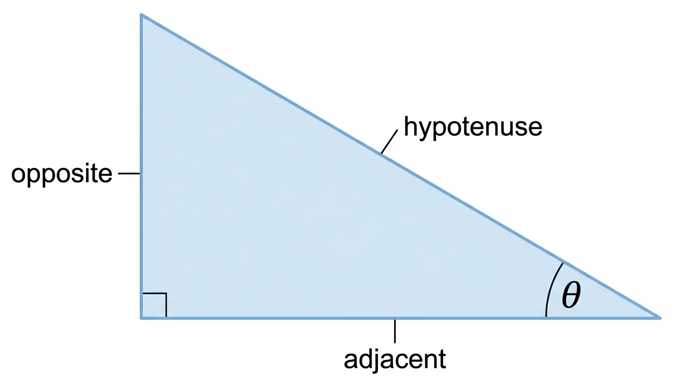 Right triangle with angle theta marked and sides labeled opposite, adjacent, and hypotenuse relative to theta