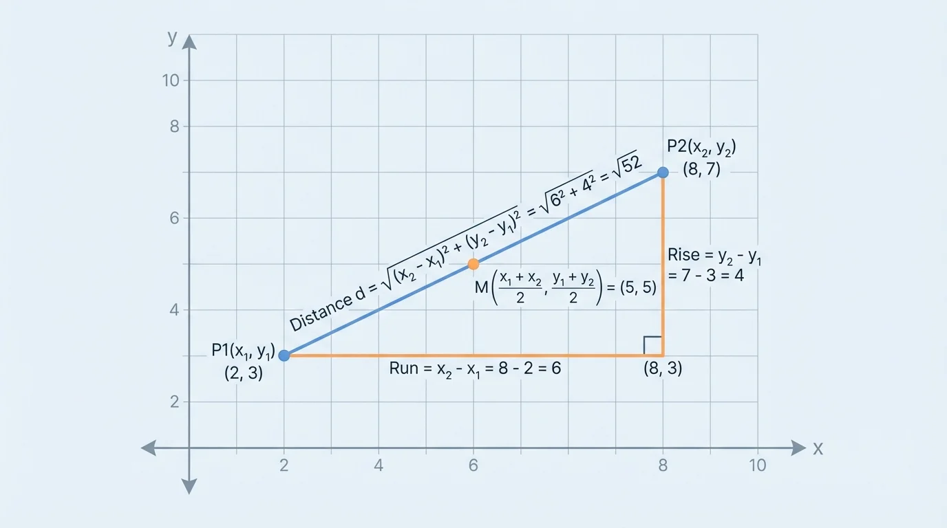 Coordinate plane with two labeled points connected by a segment, a right triangle showing rise and run for slope, the segment length indicated, and the midpoint marked at the center of the segment