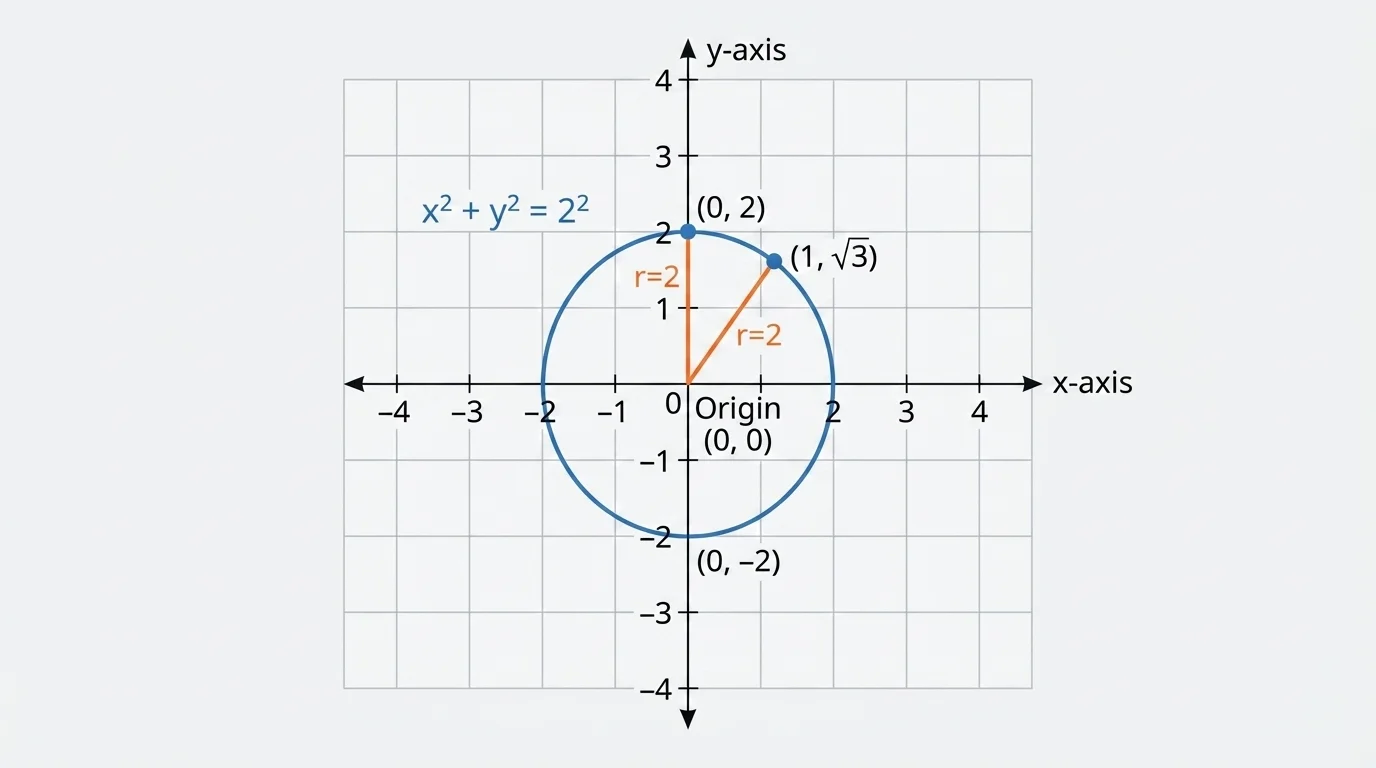 Coordinate plane with a circle centered at the origin, point (0,2) on the circle, point (1,sqrt(3)) on the circle, and radii drawn from the origin to both points