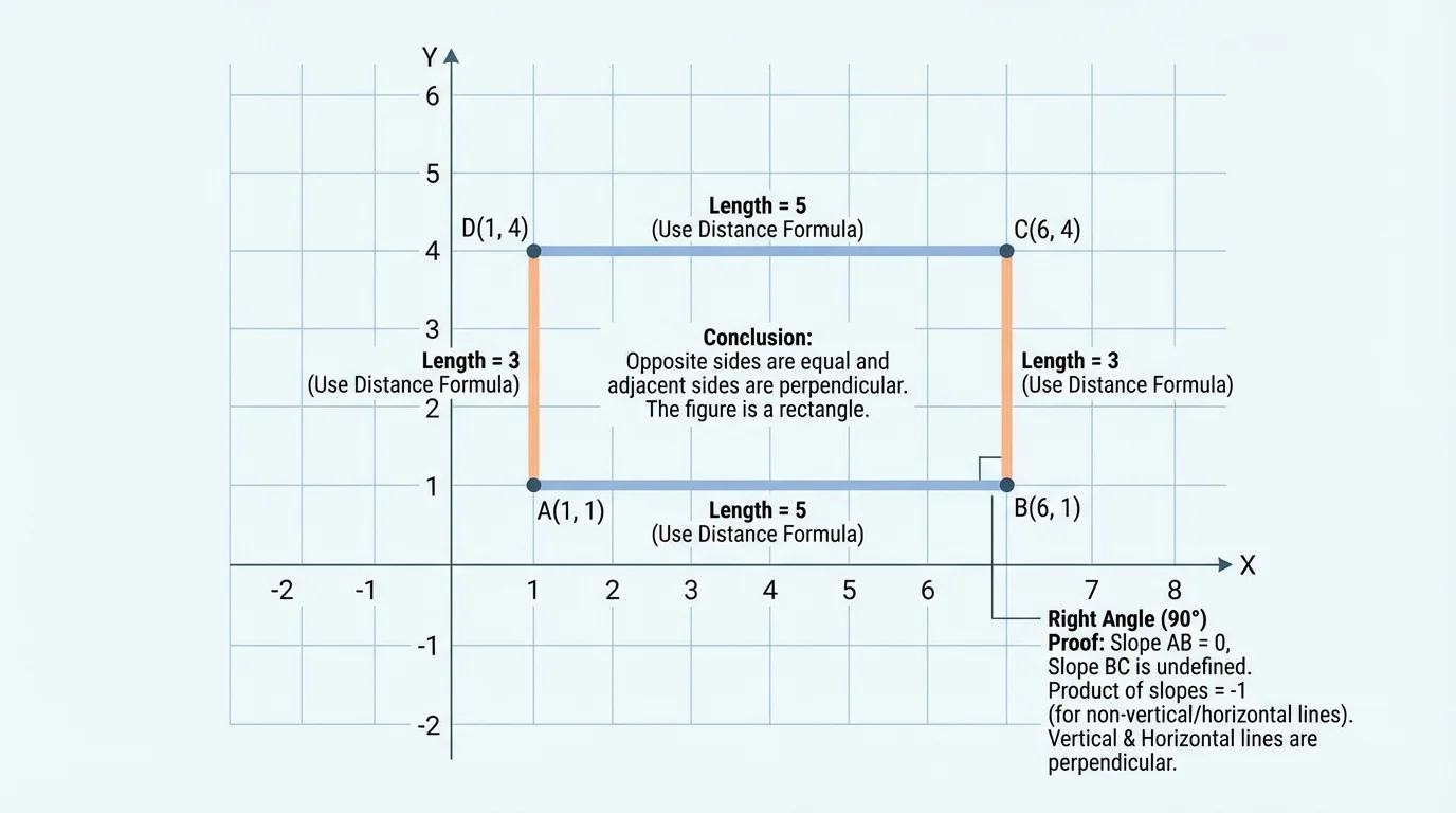 Coordinate plane with four labeled points connected to form a quadrilateral, opposite sides highlighted in matching colors and one corner marked as a right angle