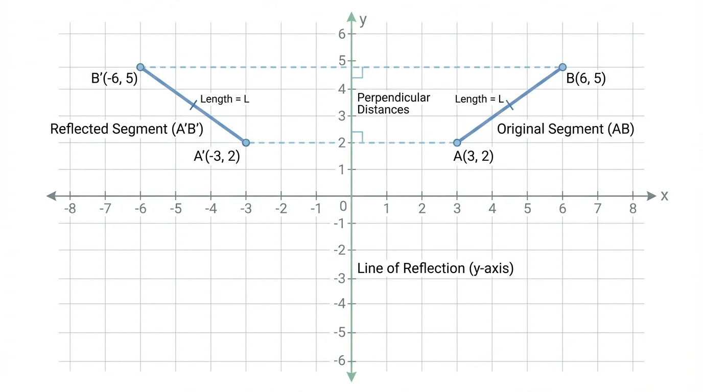 coordinate plane with a vertical line of reflection at the y-axis, a segment on one side and its mirror-image on the other, dashed perpendiculars from endpoints to the mirror line
