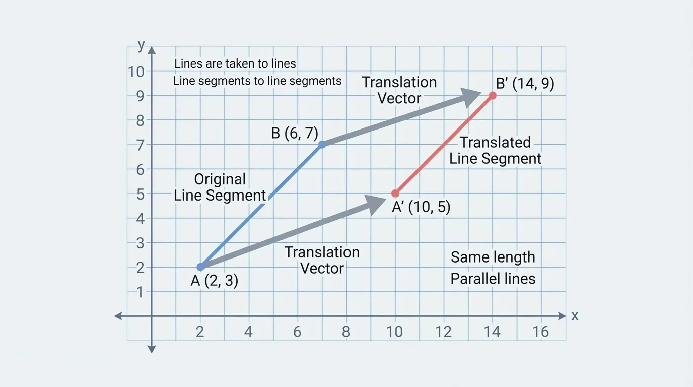 coordinate plane with a diagonal line and its translated image, both straight and parallel, arrows showing a slide to the right and up