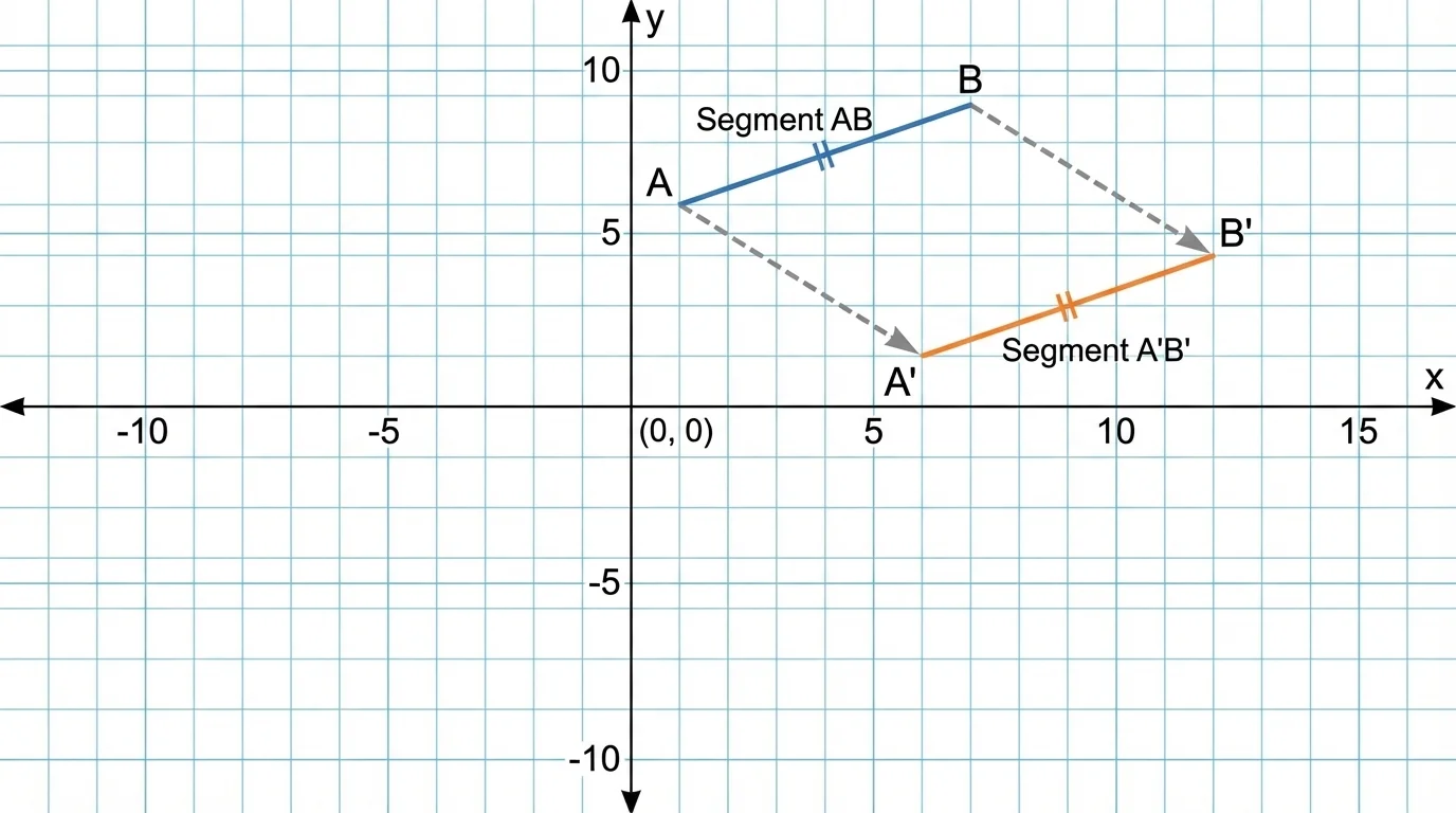 coordinate plane with segment AB and image segment A'B', matching tick marks on both segments to show equal length, arrows from A to A' and B to B'