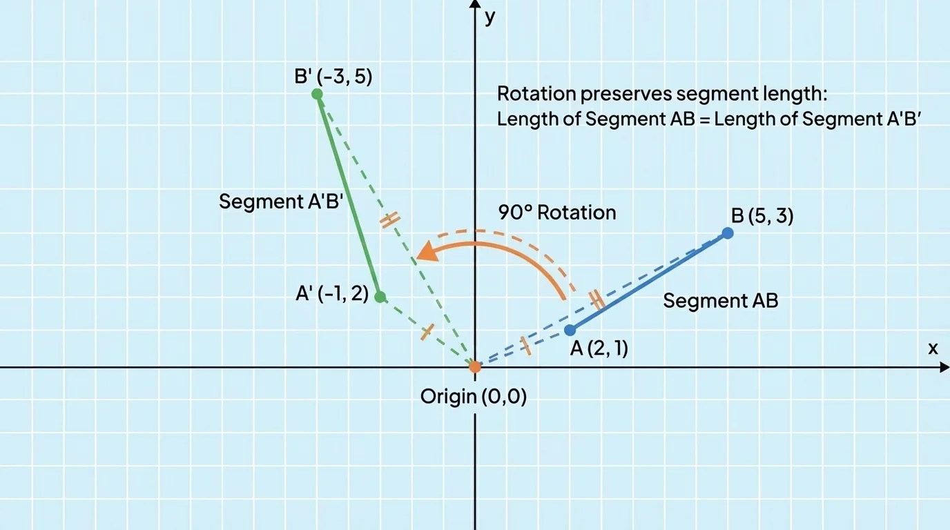 coordinate plane with a segment rotated 90 degrees about the origin, curved arrow indicating rotation, radii from origin to endpoints before and after marked equal