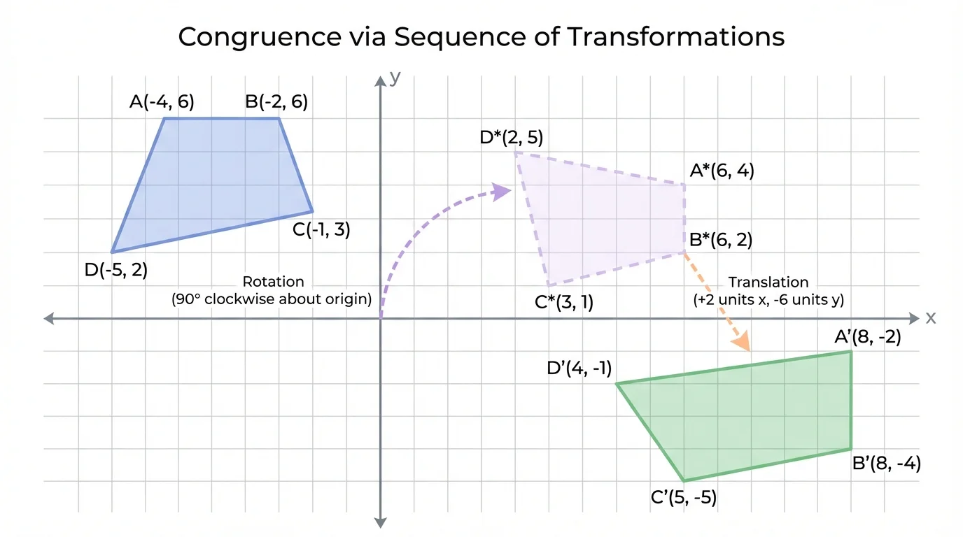 coordinate plane with quadrilateral ABCD and image A'B'C'D', labeled corresponding points and arrows for rotation then shift
