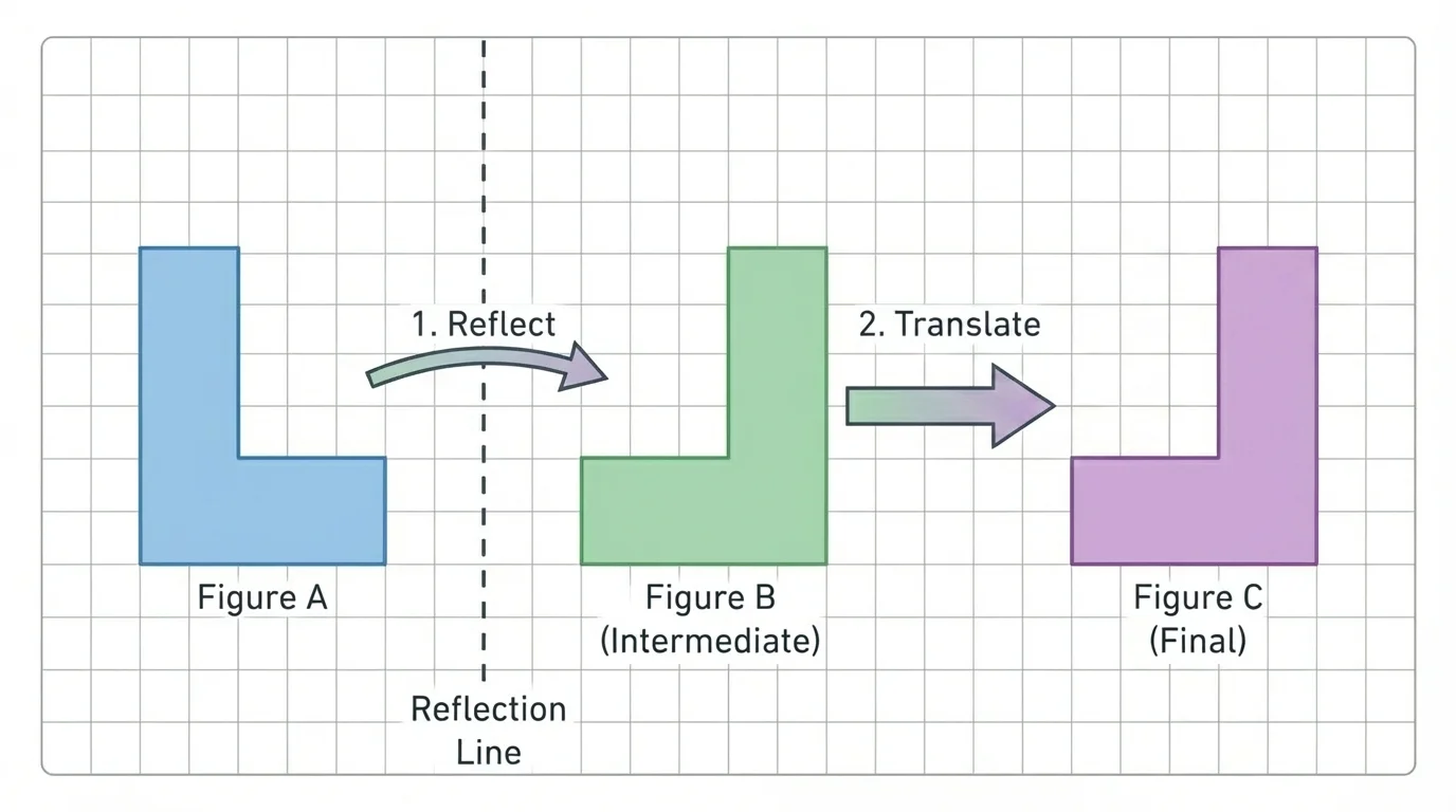 two congruent L-shaped figures on a grid, with arrows showing reflection across a vertical line and then translation to overlap