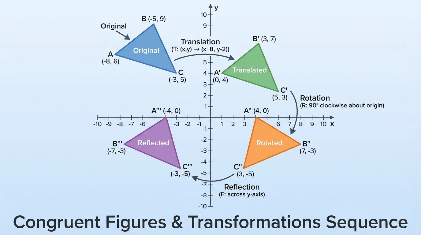 coordinate plane showing one triangle and its translated, rotated, and reflected images in different colors