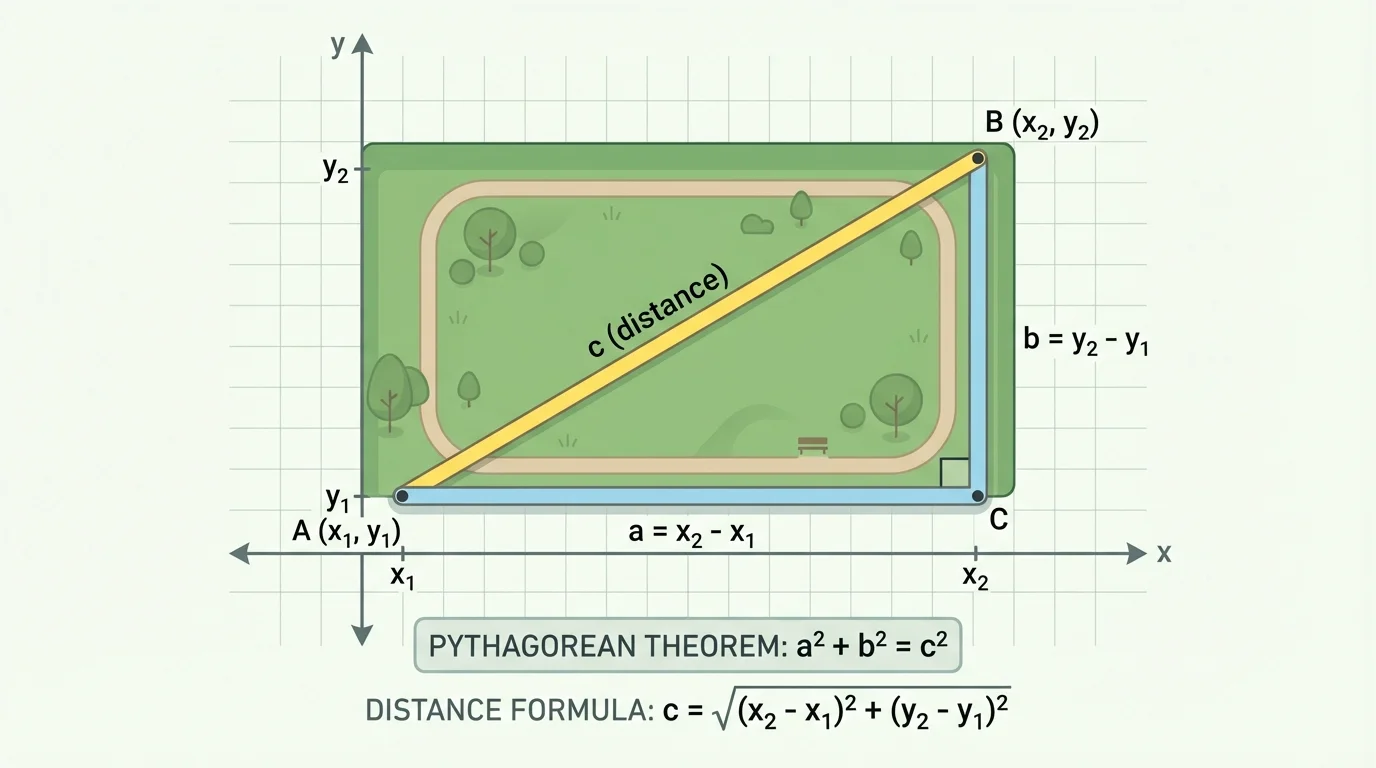 Rectangular park or field with one route along two sides and one diagonal shortcut between opposite corners