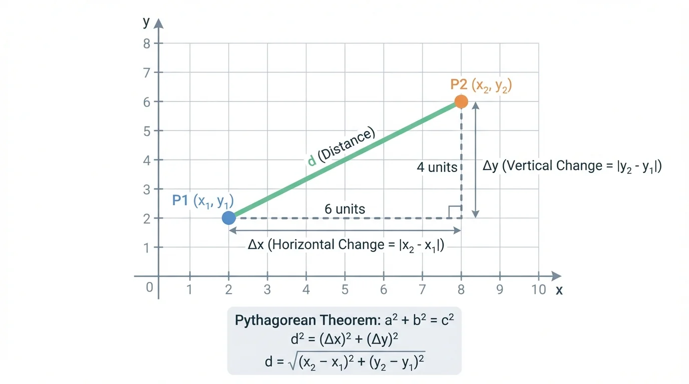 Coordinate grid with two labeled points, horizontal change and vertical change marked, and the diagonal segment between the points highlighted as the distance