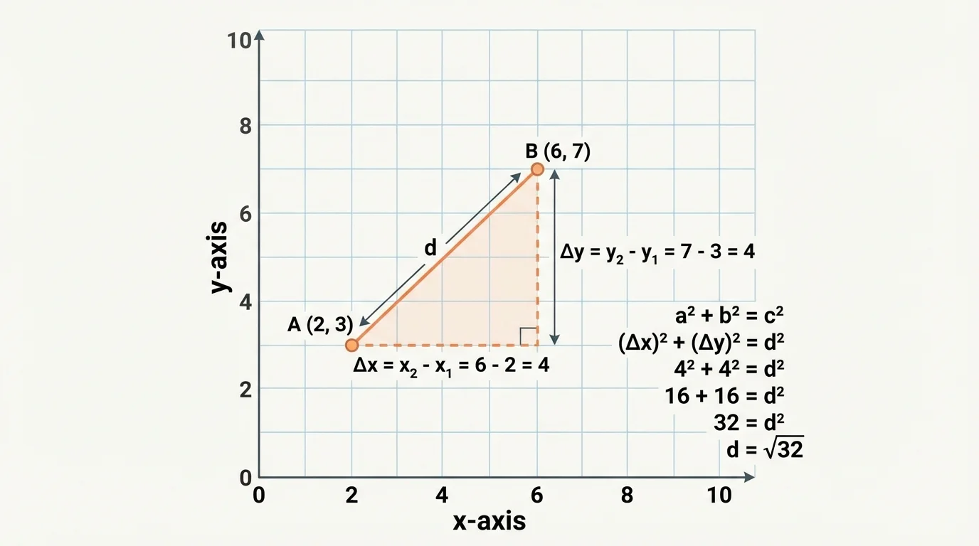 Coordinate plane with points A and B, dashed horizontal and vertical segments forming a right triangle and showing horizontal change and vertical change