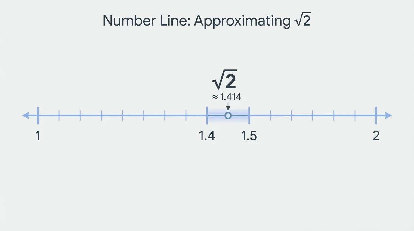 number line from 1 to 2 with sqrt(2) marked between 1.4 and 1.5, and points 1, 1.4, 1.5, 2 labeled