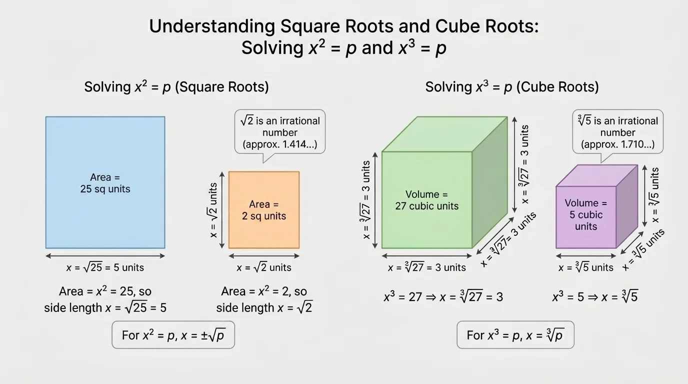 square with area 25 square units and side length 5, plus another square labeled area 2 to suggest a non-whole-number side length