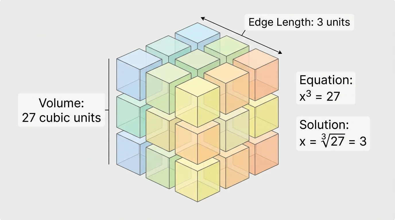 cube with volume 27 cubic units and edge length 3, with layers indicated to show 3 by 3 by 3 structure