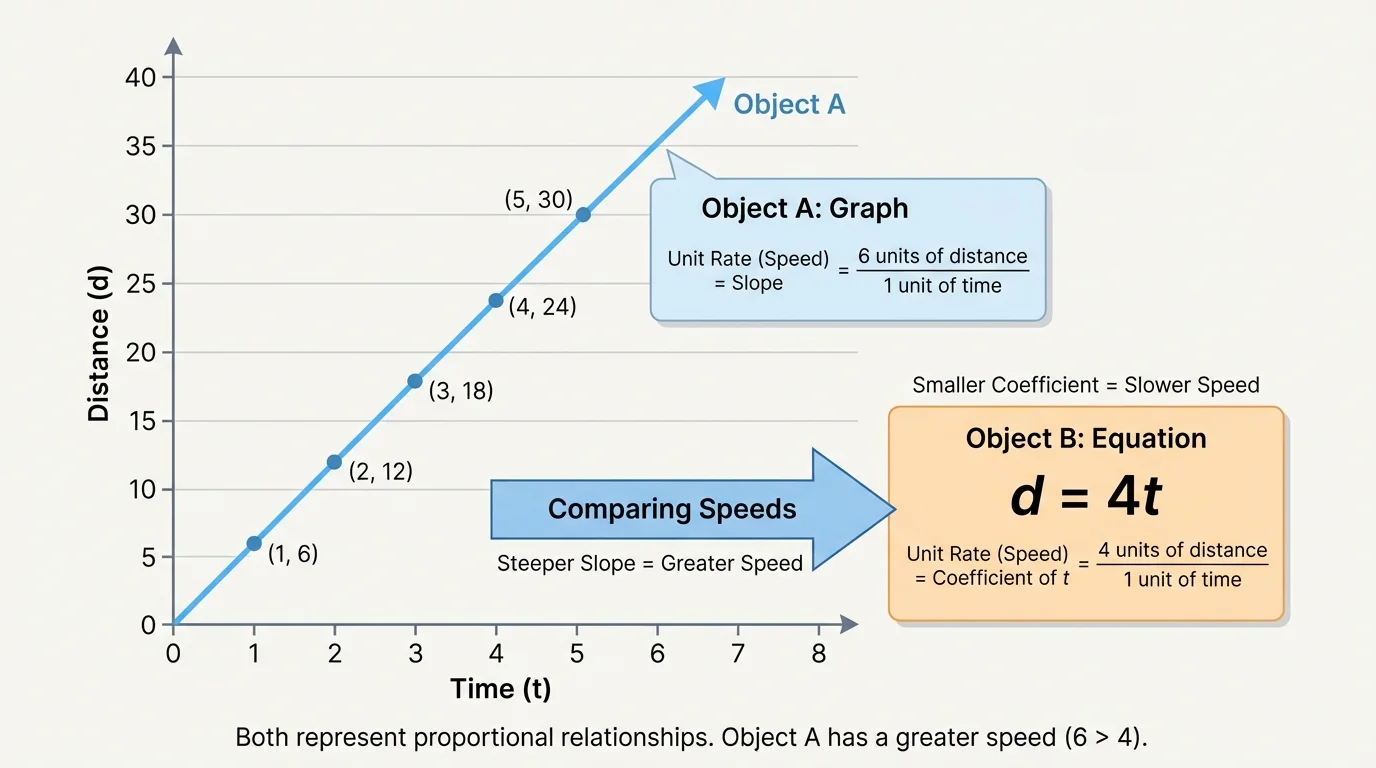 Distance-time coordinate plane with one steeper line through the origin for Object A and a labeled note indicating Object B is represented by an equation such as d=4t, emphasizing comparison of speeds