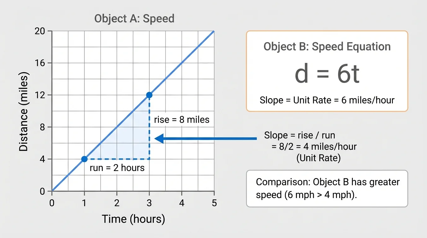 Coordinate plane with a line through the origin, points such as (1,4) and (3,12), and a slope triangle labeled rise and run