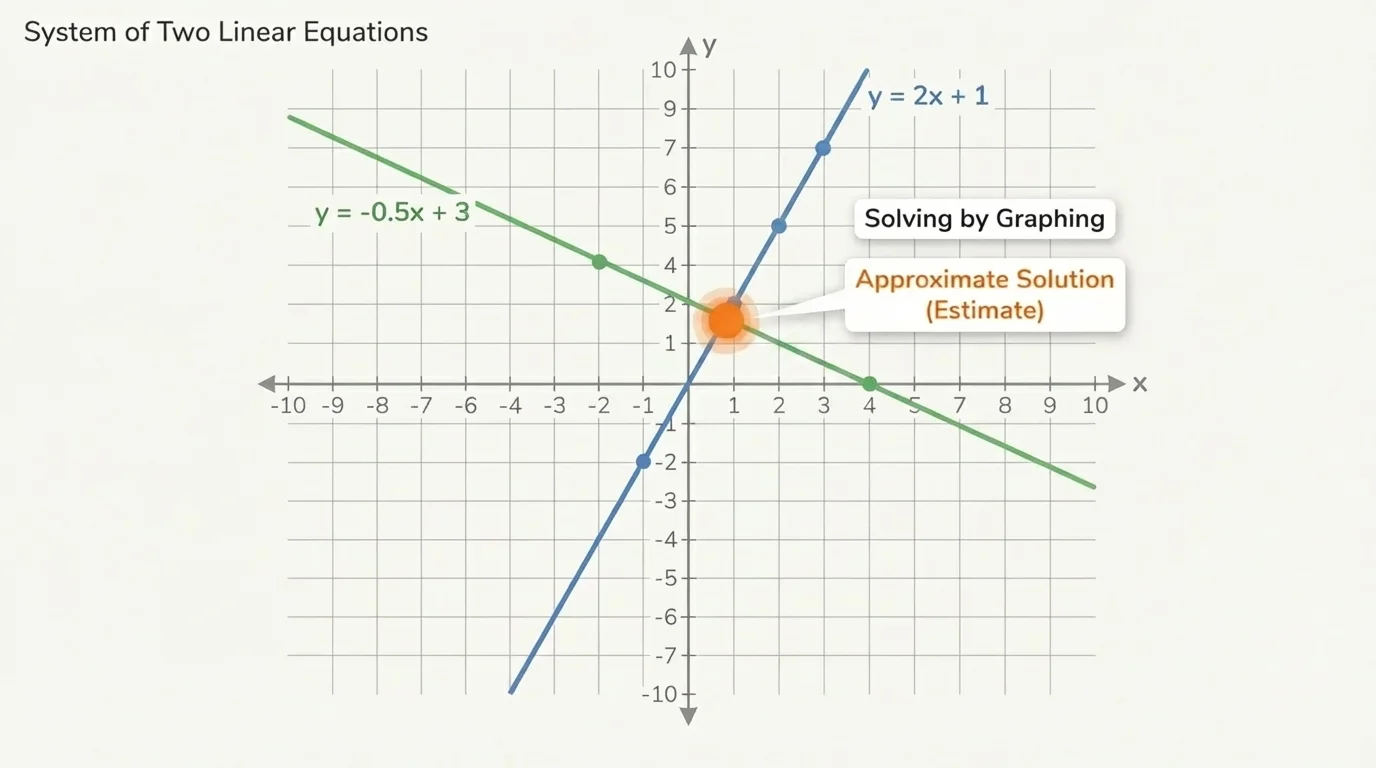 coordinate plane with two lines intersecting between grid points, approximate intersection highlighted and labeled as an estimate