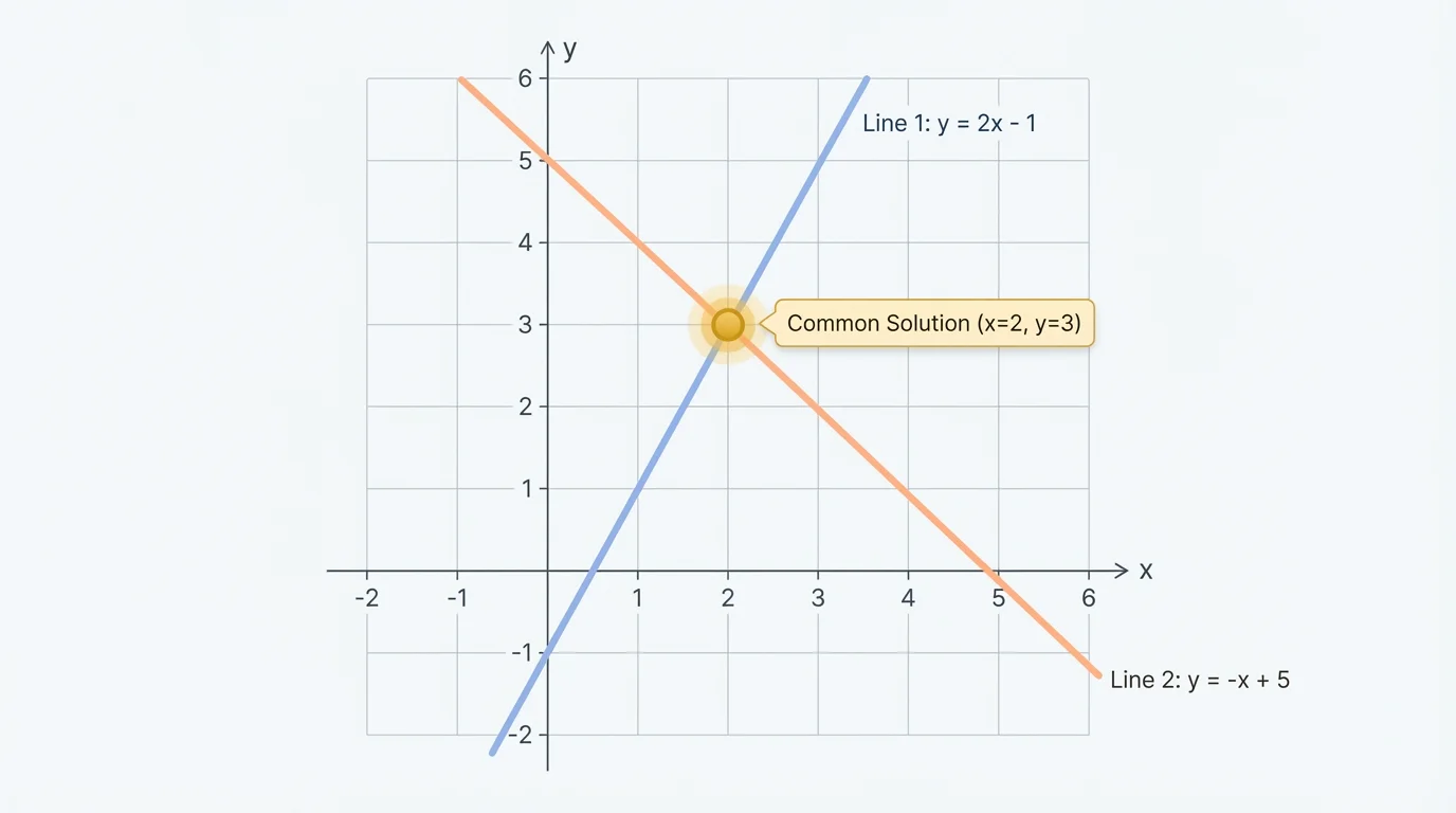 coordinate plane with two straight lines intersecting at one labeled point, axes marked x and y, intersection highlighted as the common solution