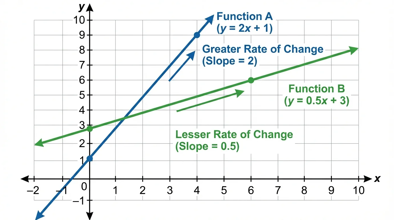 Coordinate plane showing two labeled linear functions, one through points (0,1) and (4,9), and another starting at 3 with a gentler positive slope