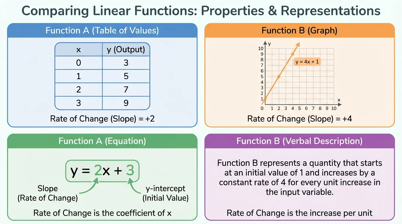 Four-panel comparison showing one linear function represented by a table of values, a straight-line graph, an equation, and a short verbal description