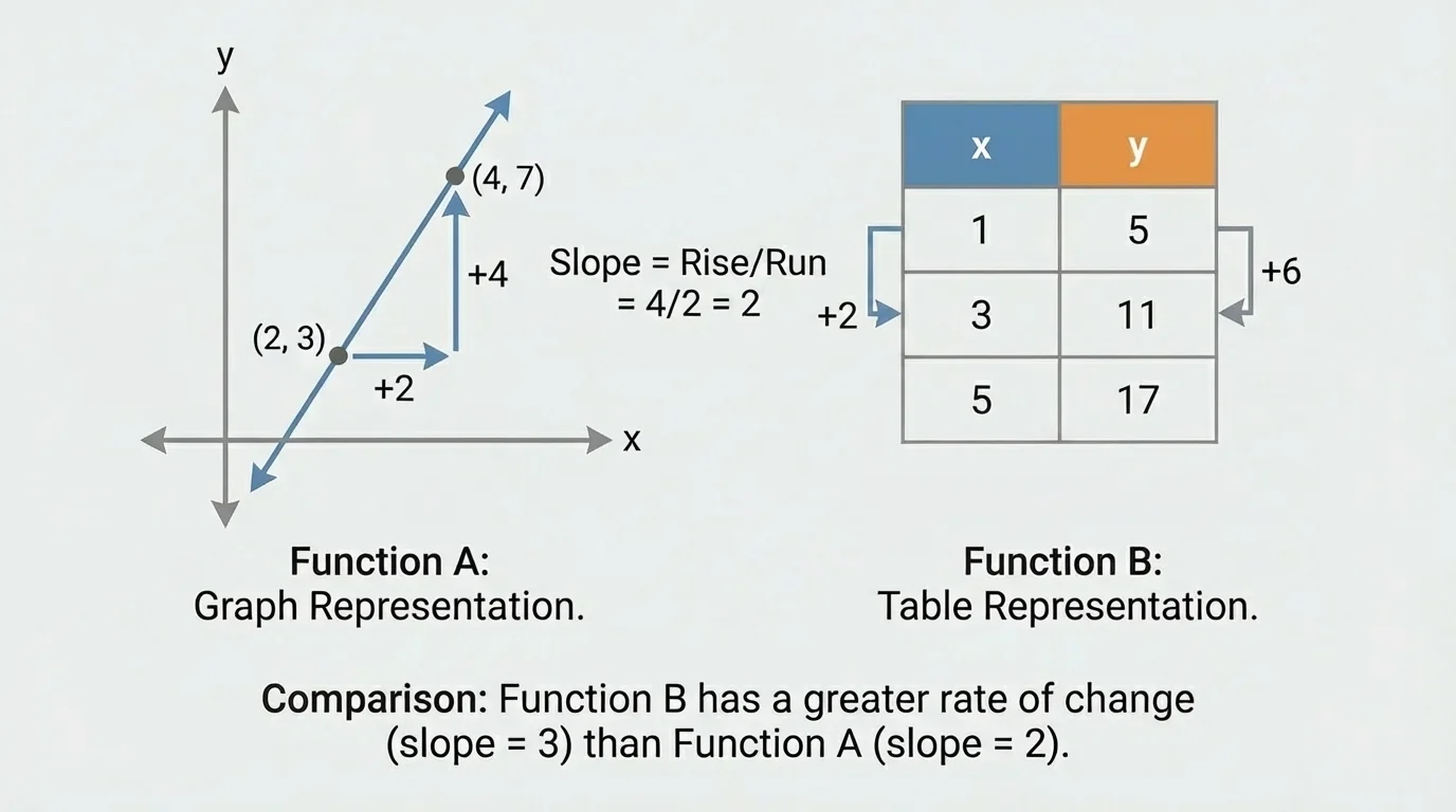 Coordinate plane with a straight line through two labeled points and arrows showing rise and run between the points