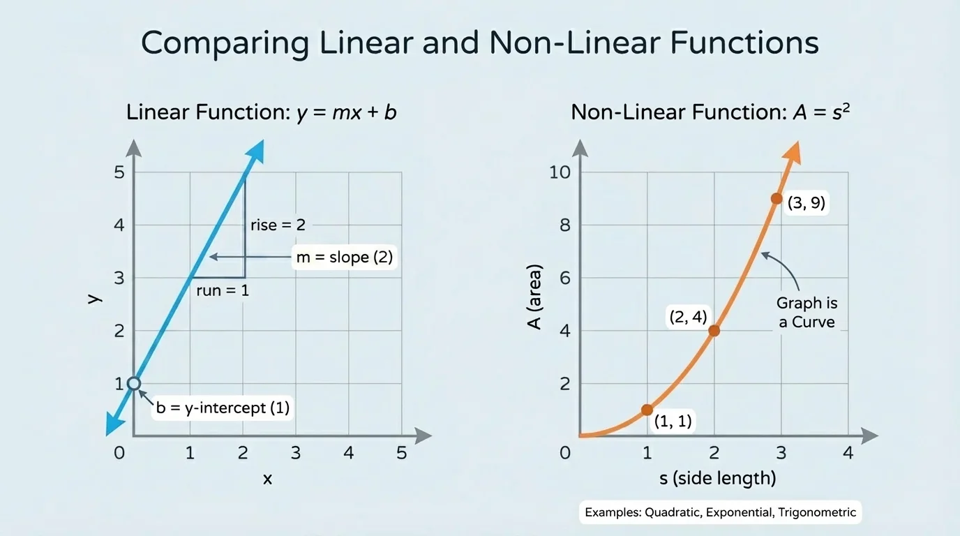two coordinate planes side by side, left with a straight line, right with a curved graph through points (1,1), (2,4), and (3,9)