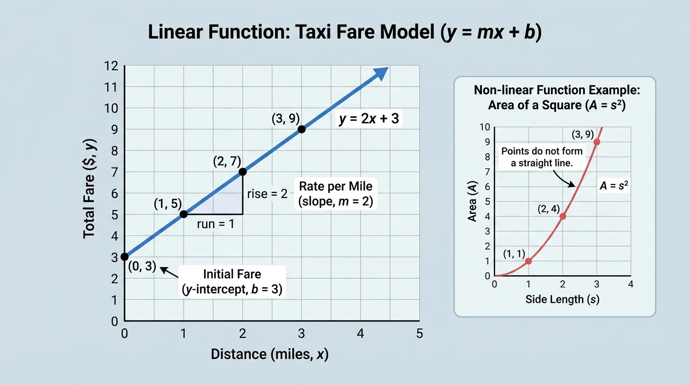 coordinate plane showing taxi fare model with points like (0,3), (1,5), (2,7), (3,9) connected by a straight line