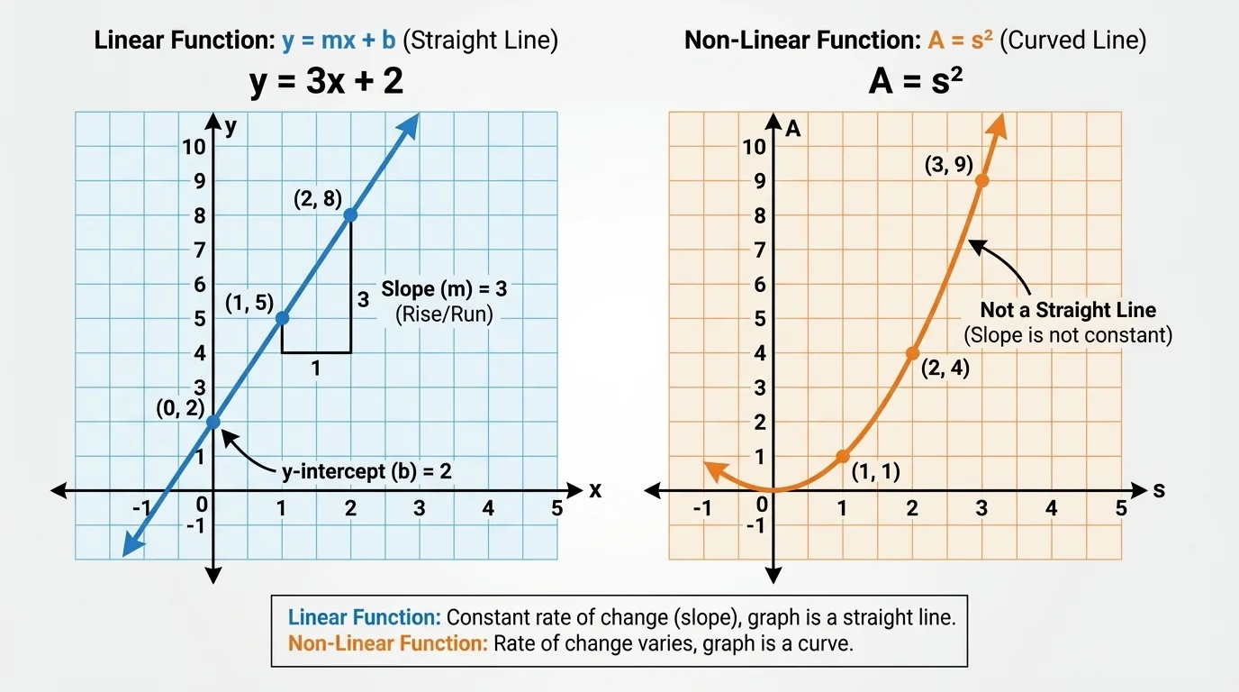 coordinate plane with a straight line crossing the y-axis at 2 and rising 3 for every 1 to the right, points such as (0,2), (1,5), and (2,8) labeled