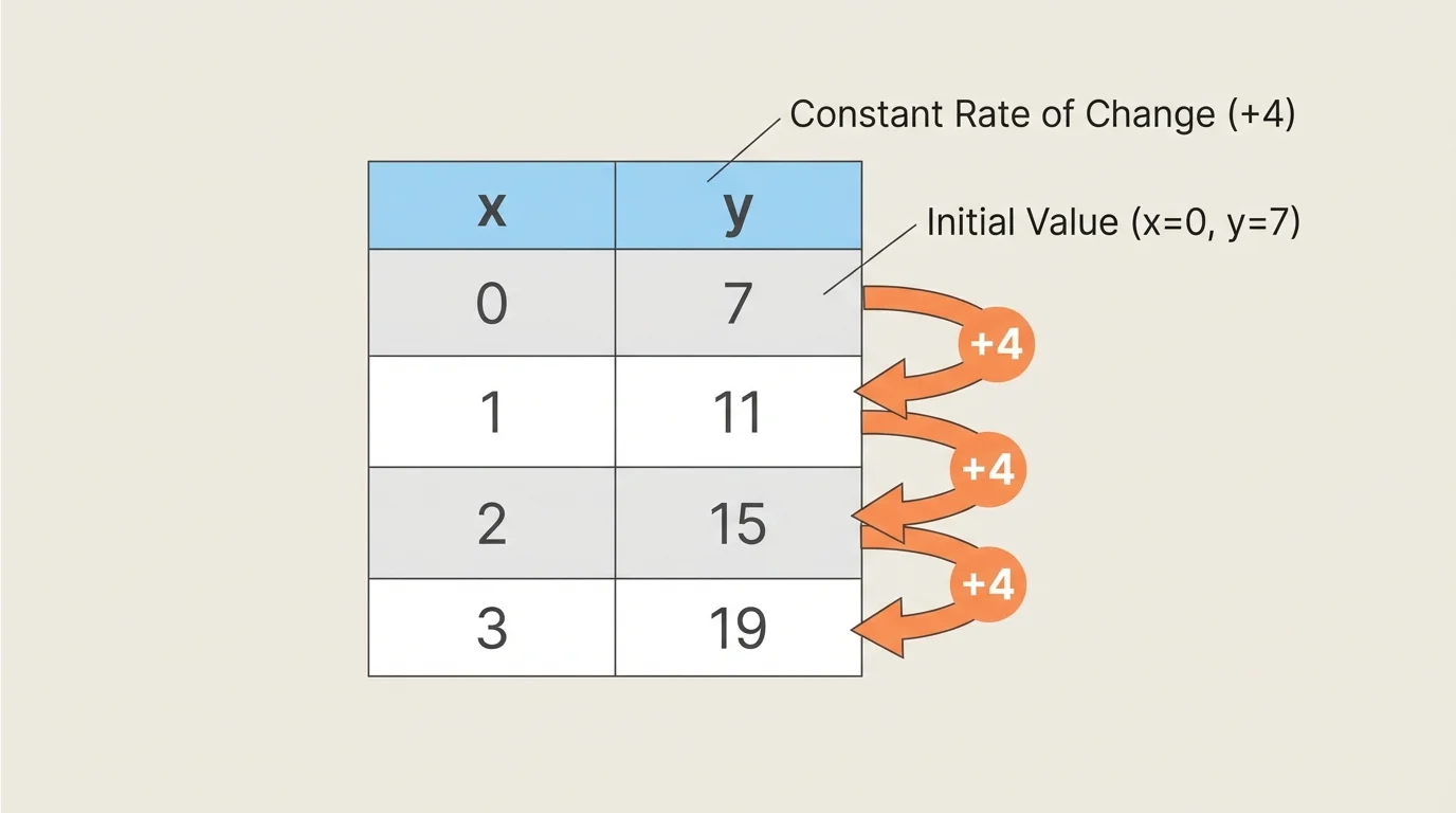 two-column x-y table with x values 0,1,2,3 and y values 7,11,15,19, with arrows or highlights showing constant difference of plus 4 in the y-column
