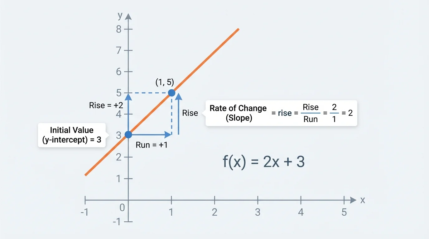 coordinate plane with a straight line crossing the y-axis at 3 and rising 2 units for every 1 unit to the right, with simple labels for intercept and slope