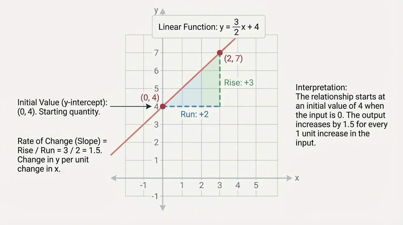 coordinate plane with a straight line through labeled points (0,4) and (2,7), plus a right triangle showing rise 3 and run 2