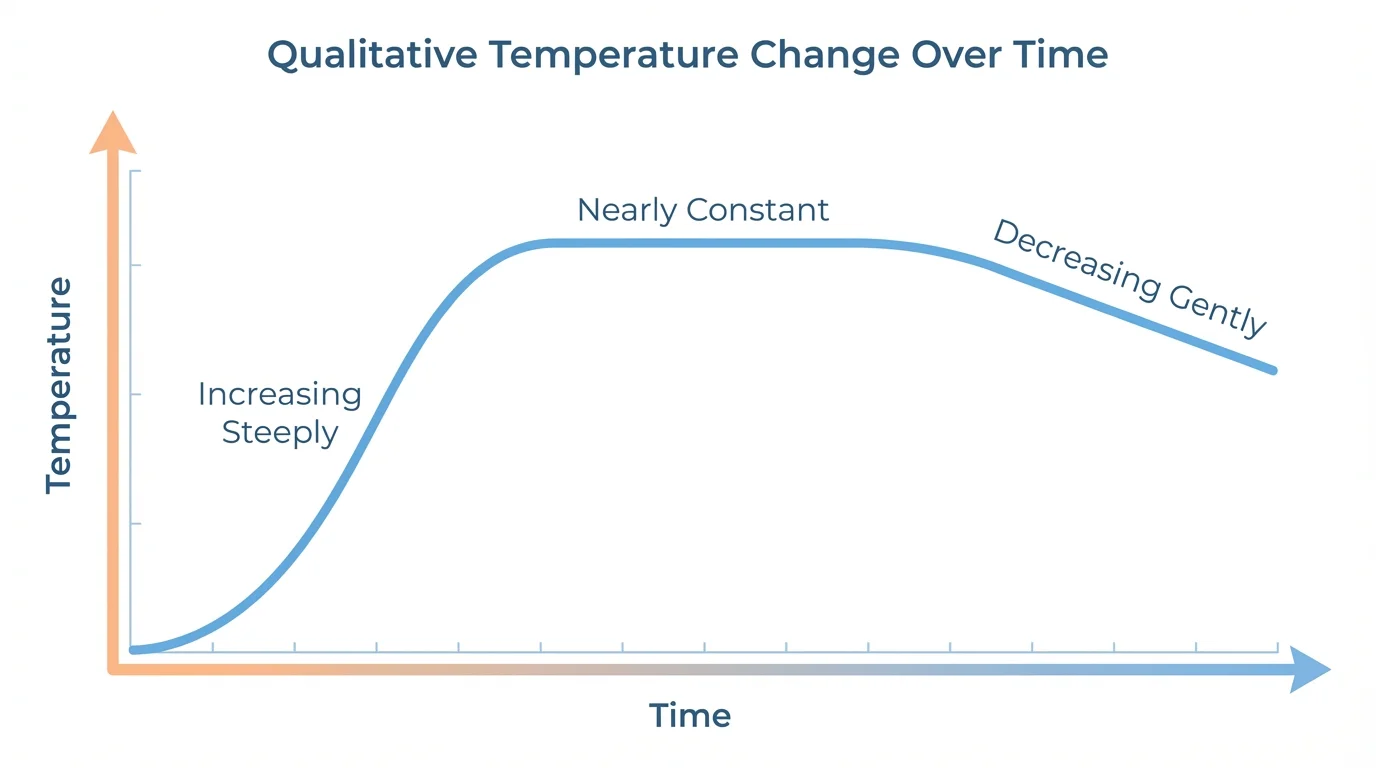 coordinate graph of temperature over time that rises steeply, becomes nearly flat, then slopes downward gently