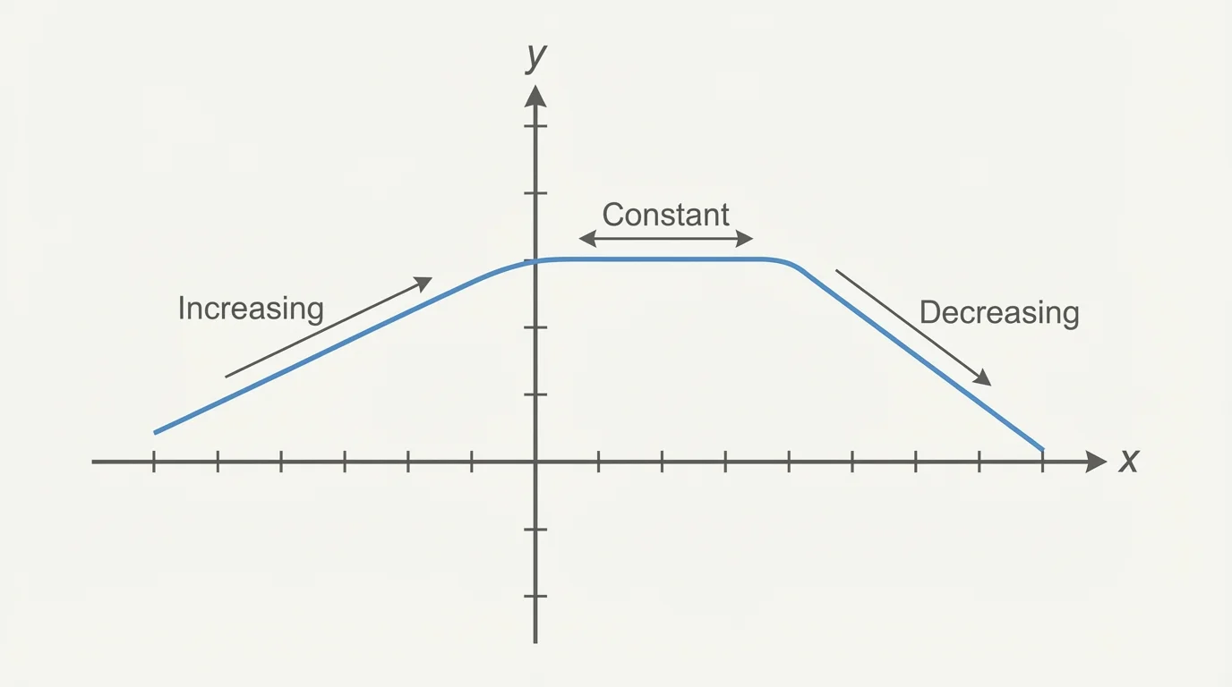 graph with a function that rises from left to right, stays flat, then falls, axes labeled x and y