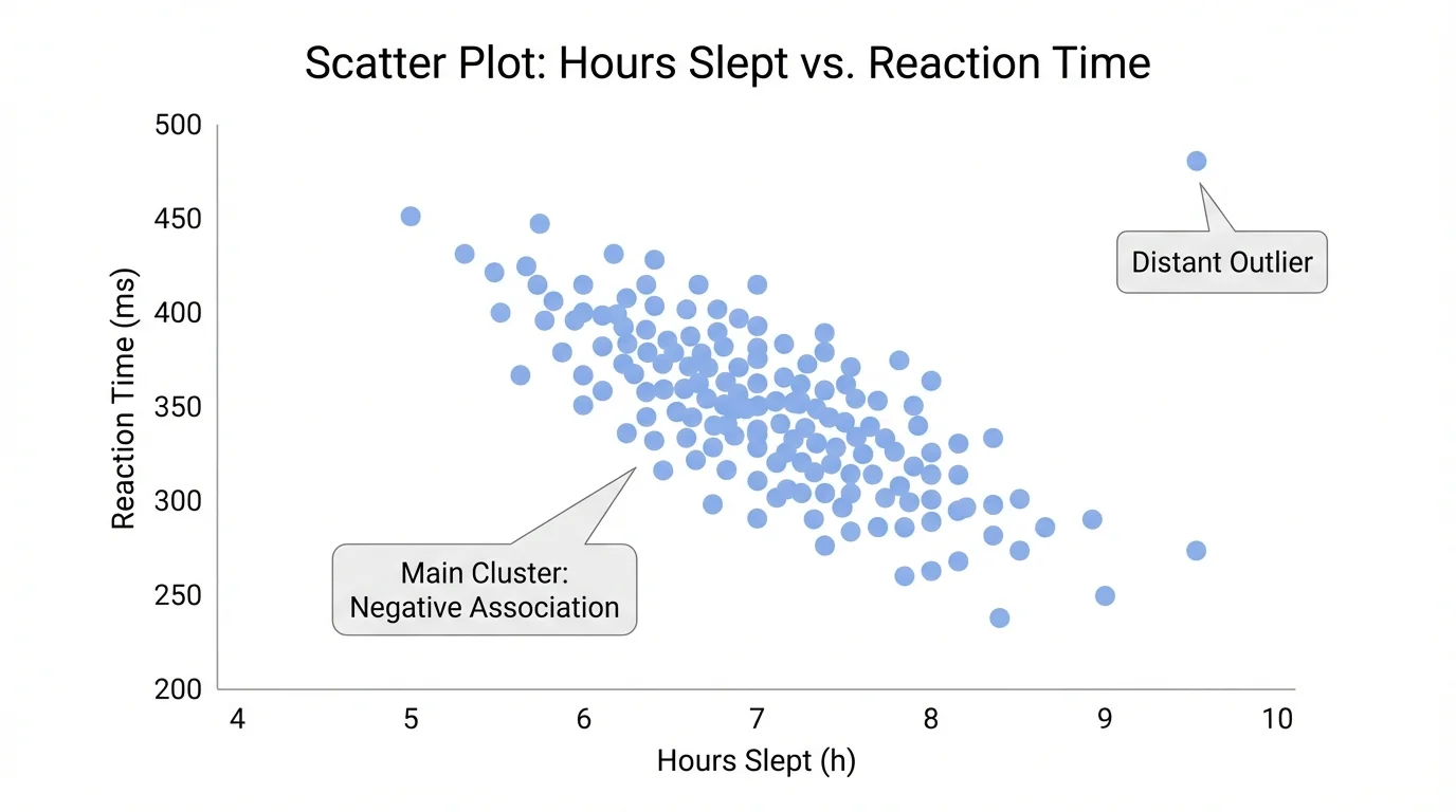 Scatter plot of hours slept versus reaction time with one distant outlier and a main cluster of points