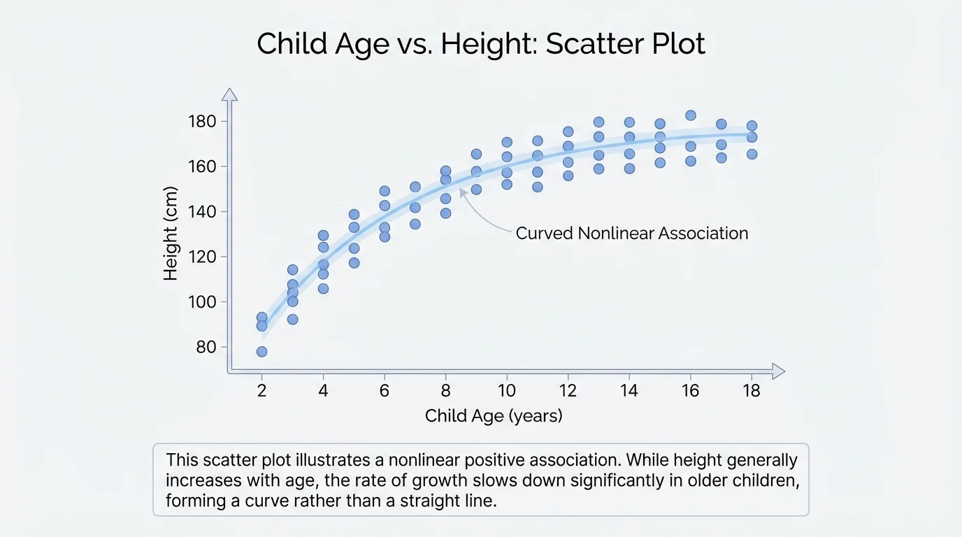 Scatter plot showing child age on the horizontal axis and height on the vertical axis with a curved nonlinear growth pattern