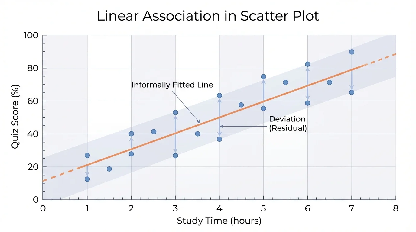 Scatter plot of study time versus quiz score with labeled axes and points showing an upward trend