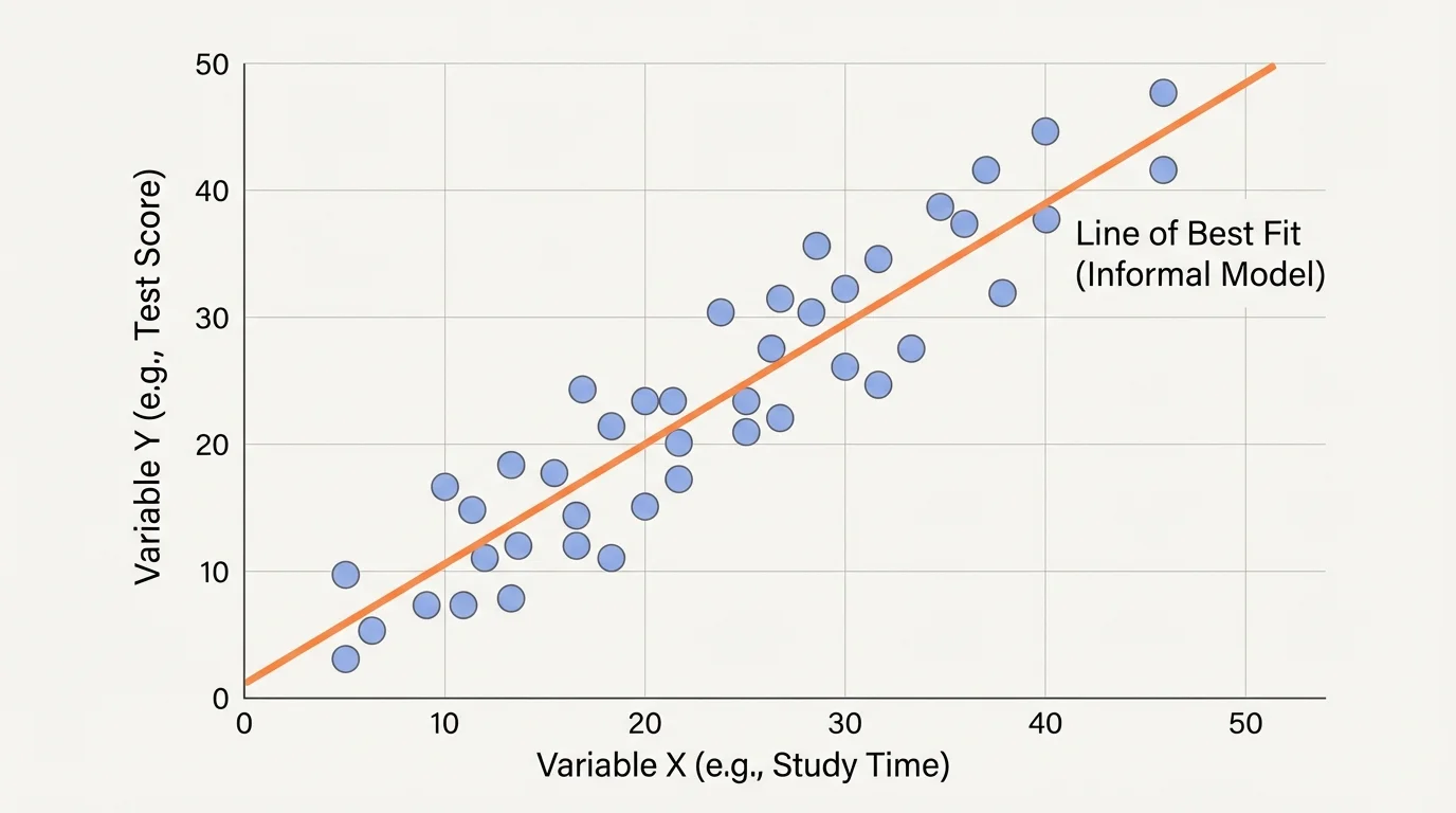 Scatter plot with an upward trend and a straight line drawn through the middle, with some points above and some below the line