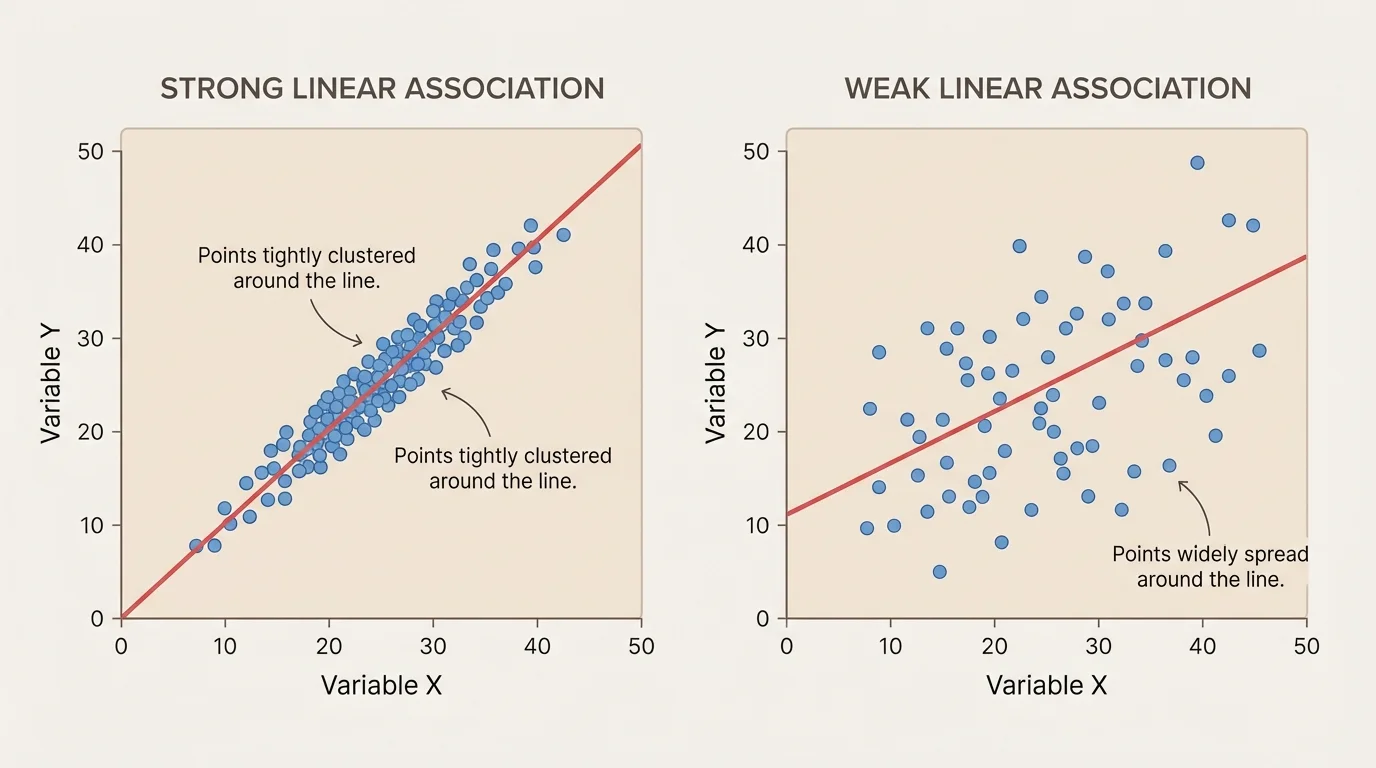 Side-by-side scatter plots, one with points tightly clustered around a line and one with points spread widely around a line