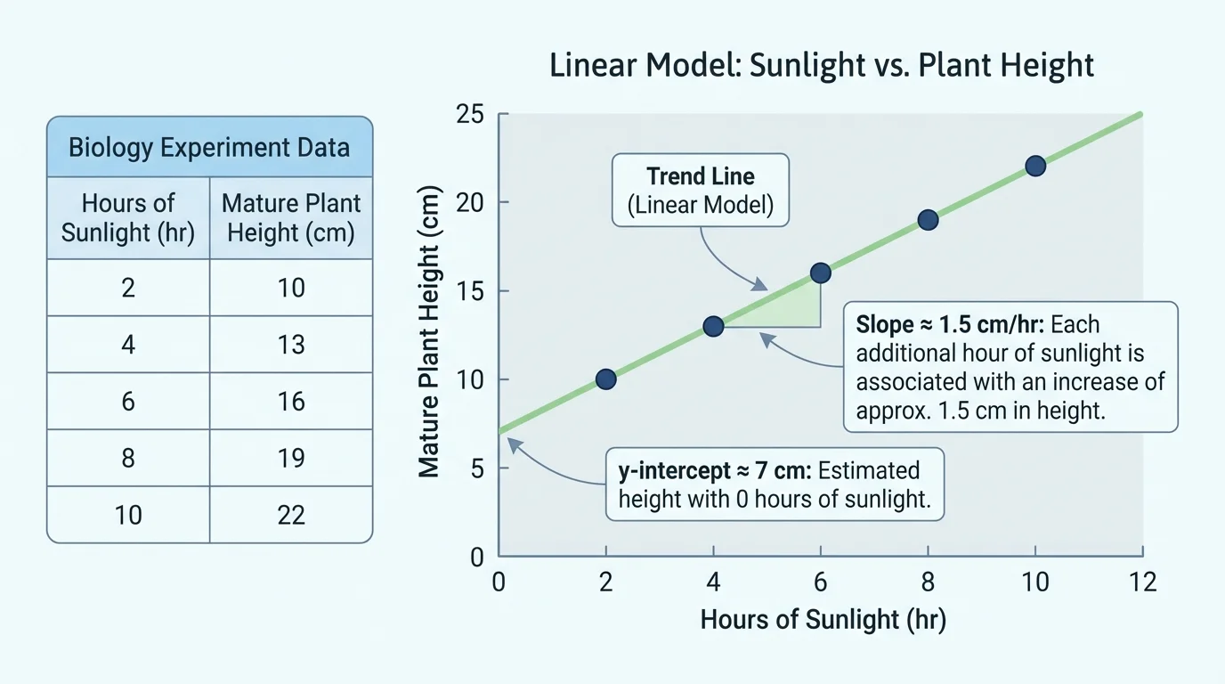 Small table of study hours and quiz scores next to a matching scatter plot with an upward trend line, showing the same linear relationship in table and graph form