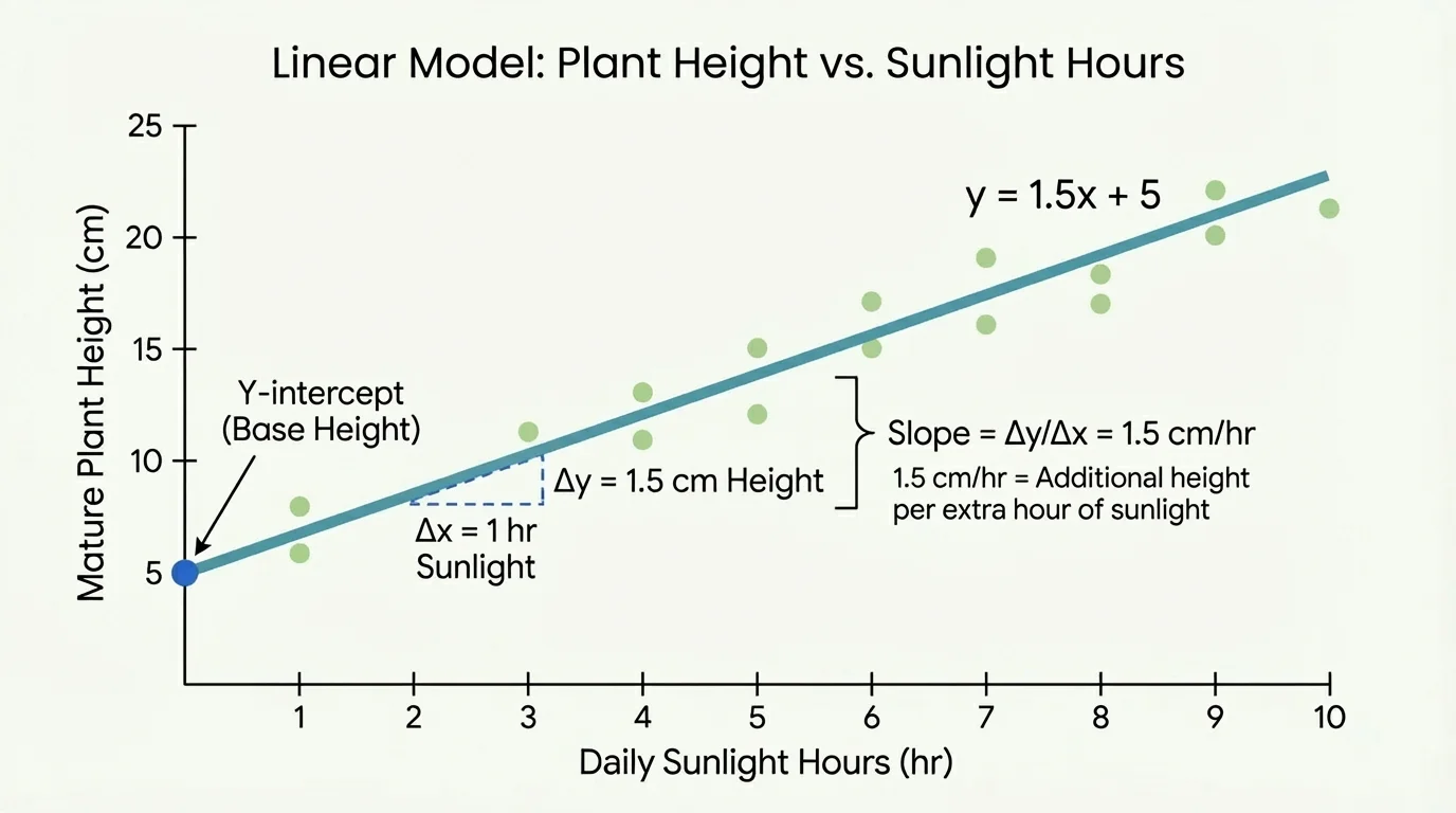 Graph of plant height versus sunlight hours with plotted data points, a best-fit line rising upward, the y-intercept marked on the vertical axis, and rise-over-run shown between two points on the line