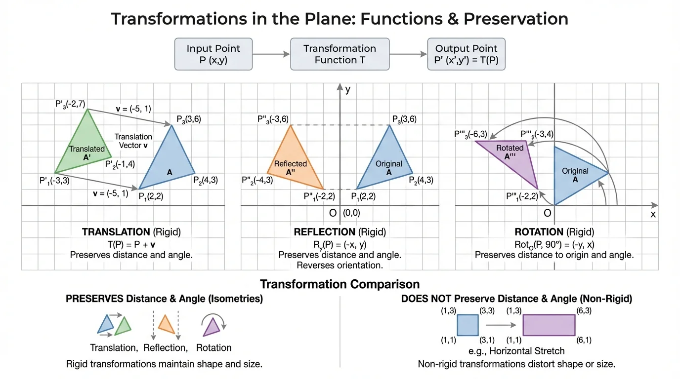 Coordinate plane with one polygon and three labeled images showing a translation, a reflection across the y-axis, and a rotation about the origin