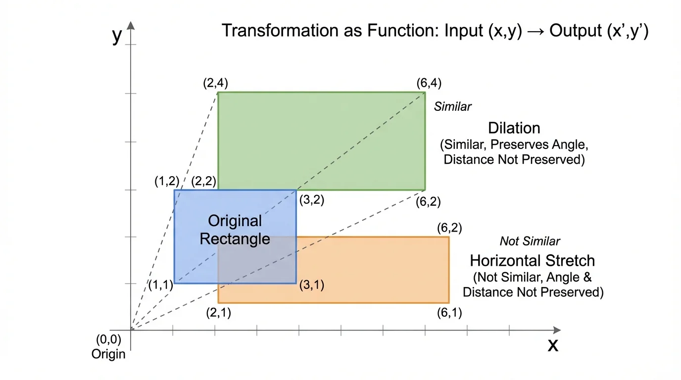 Coordinate plane showing one rectangle, a larger similar image from dilation centered at the origin, and a horizontally stretched image that is wider but not similar