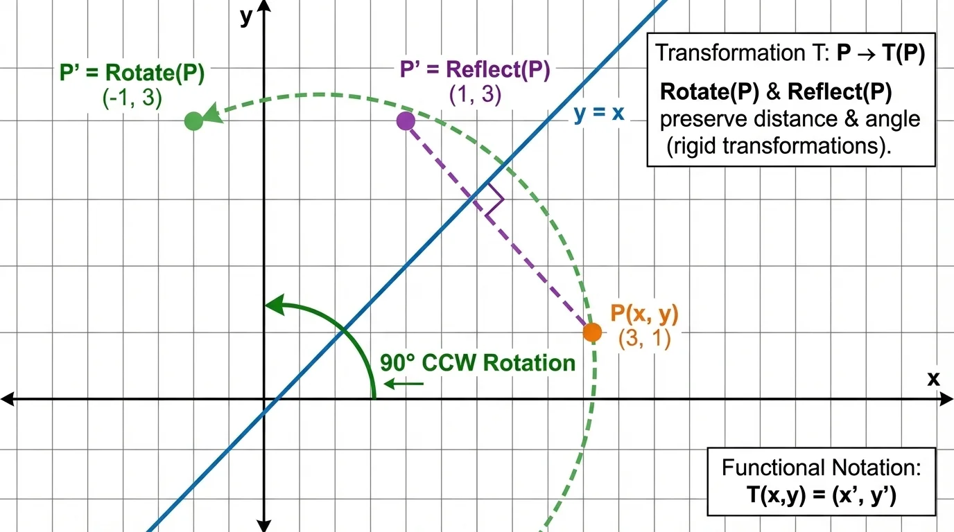 Coordinate plane with point P and images under 90-degree counterclockwise rotation about the origin and reflection across the line y=x, with the diagonal line drawn