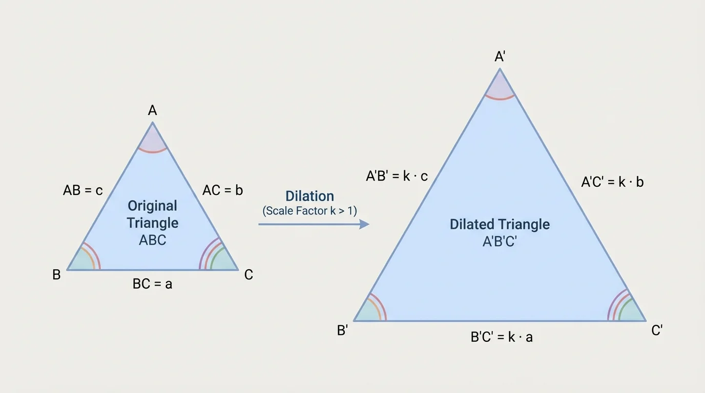Triangle and dilated image triangle with matching angles and proportional side lengths