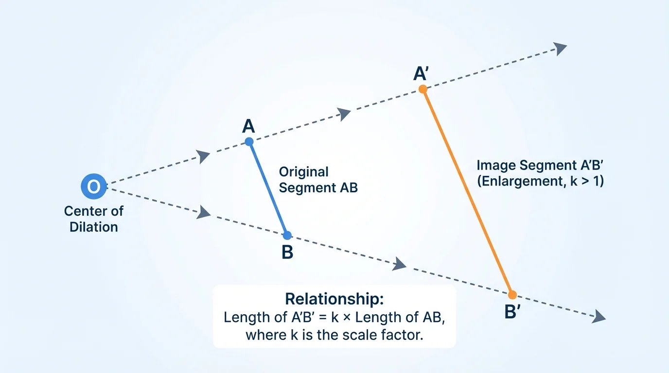 Center of dilation O with segment AB and enlarged image A'B' on rays from O