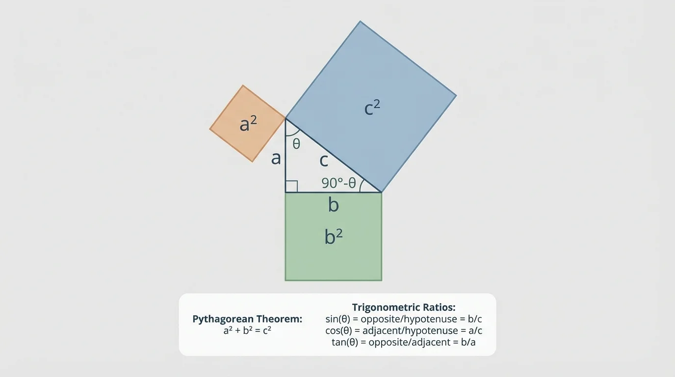 Right triangle with legs a, b and hypotenuse c, each side having a square drawn outward, visually suggesting a^2 + b^2 = c^2