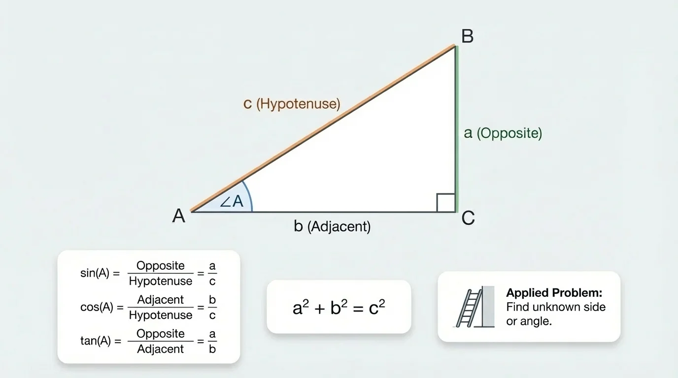 Labeled right triangle ABC with right angle at C, hypotenuse AB = c, legs AC = b, BC = a, and angle A marked; arrows indicating "opposite" and "adjacent" relative to angle A