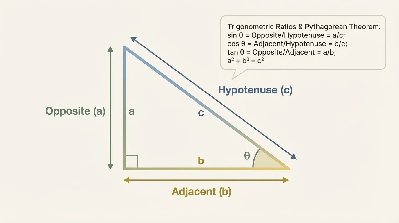 Right triangle with angle θ marked at one acute corner, hypotenuse labeled, and arrows/labels for opposite and adjacent relative to θ, plus side-length symbols