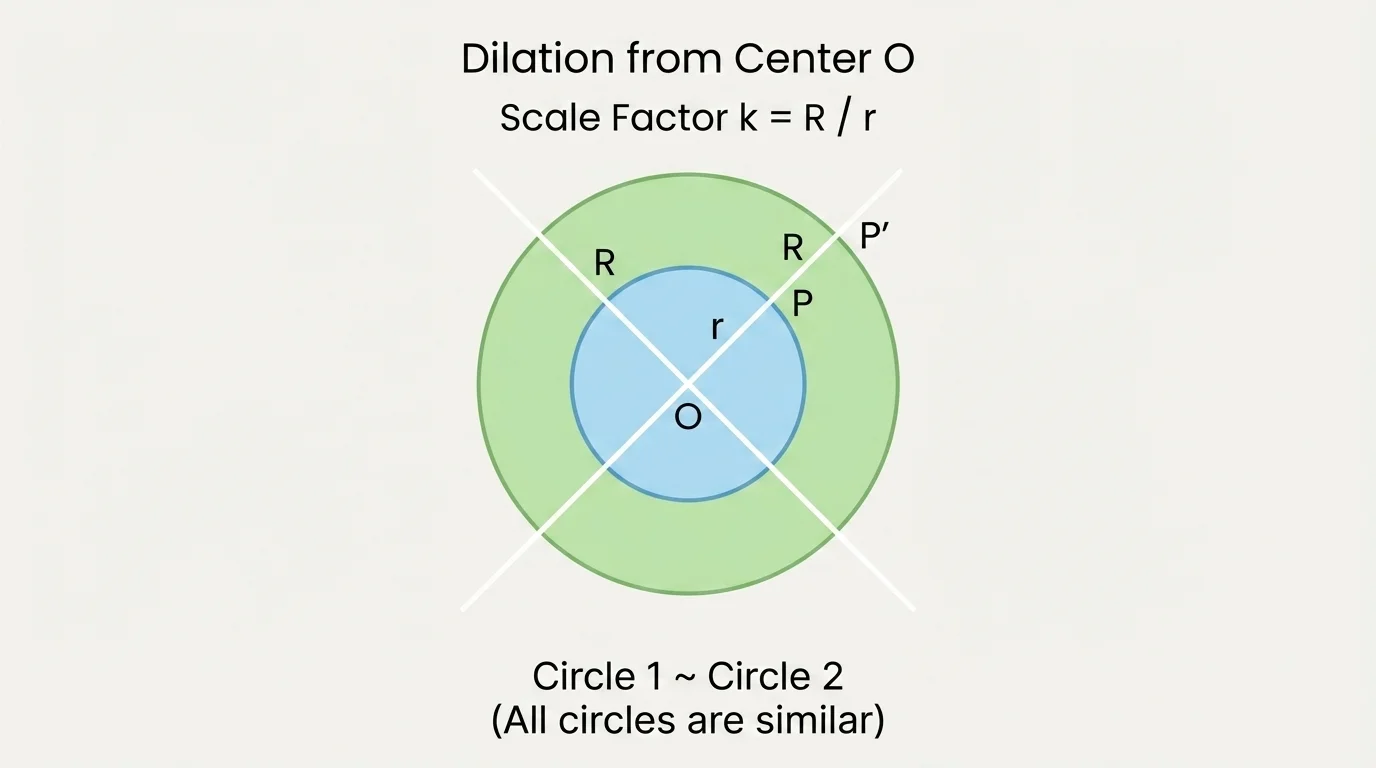 A circle centered at O with radius r and a larger image circle centered at O with radius R, with rays from O showing corresponding points under dilation