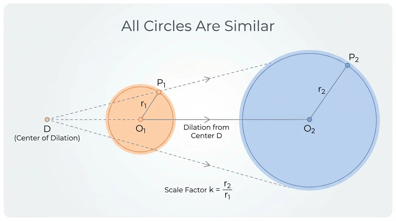 Two circles with different radii, centers labeled, radii marked, and arrows showing a dilation from the smaller circle to the larger circle from a common center